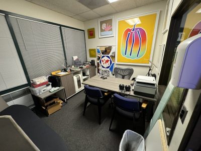 Office meeting room with vibrant artwork and office furniture setup.