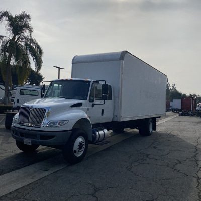 Large moving truck ready for nationwide and international delivery services.