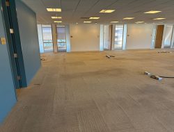 Modern office space with new flooring and lighting, ready for occupancy after relocation.