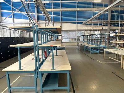 Office furniture liquidation shelves and workstations for sale.