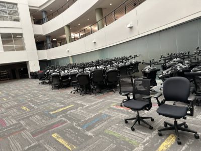 Office chairs and desks for sale in bulk liquidation event.