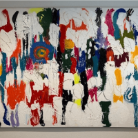 Colorful abstract artwork with bold brushstrokes and dynamic shapes.