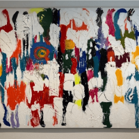 Colorful abstract artwork with bold brushstrokes and dynamic shapes.